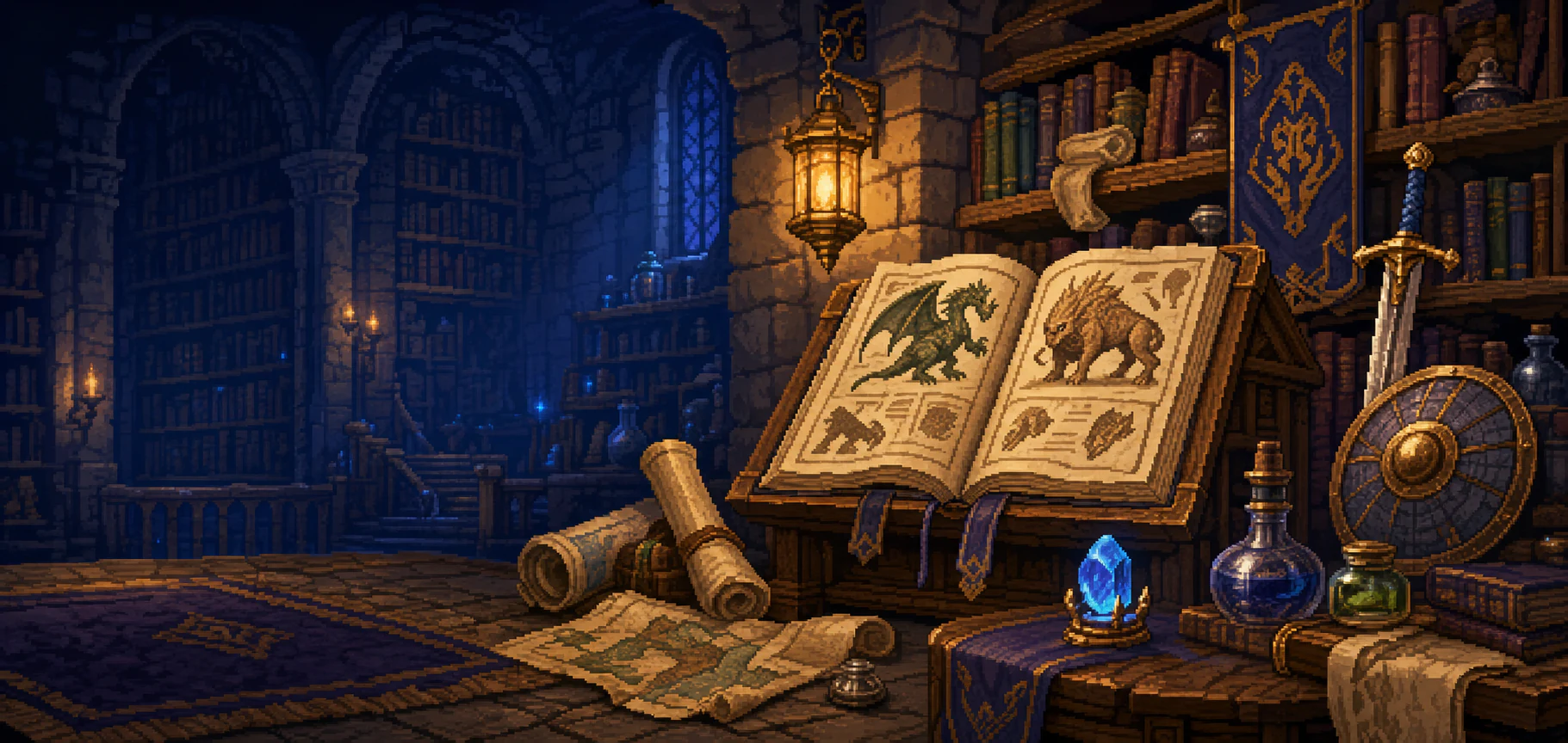 A candlelit pixel-art fantasy archive filled with books, maps, equipment, and magical curios