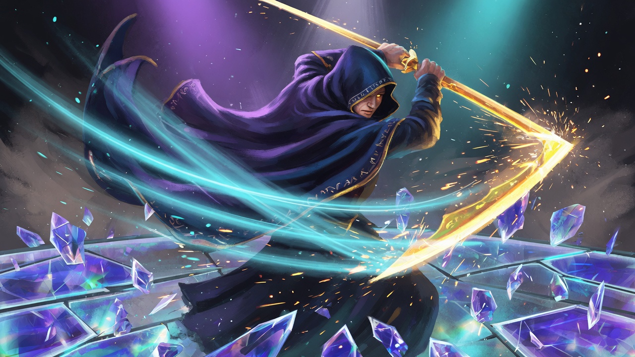 A cloaked hero striking with a gold blade
