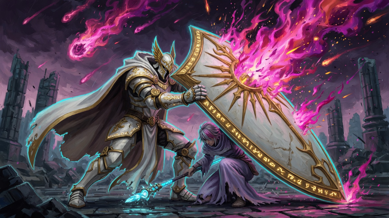 A guardian covering an ally with a tower shield