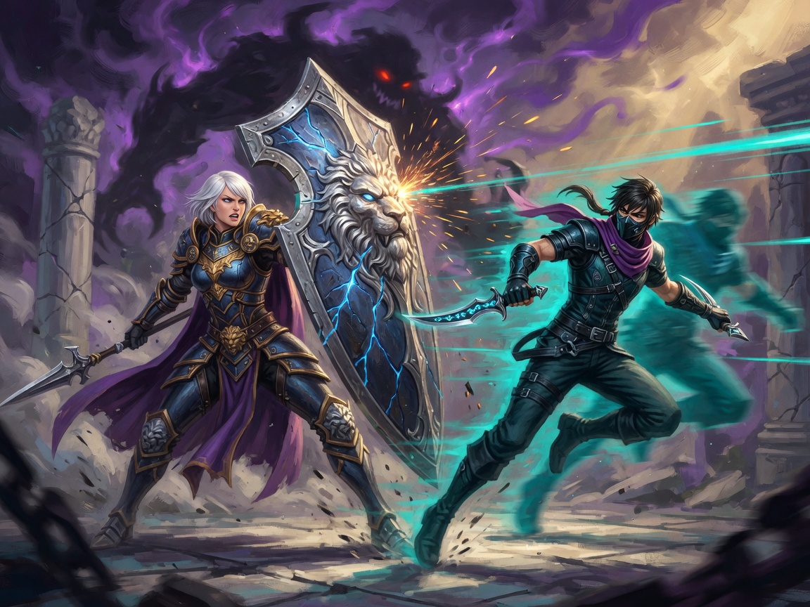 A guardian bracing while a rogue dashes past