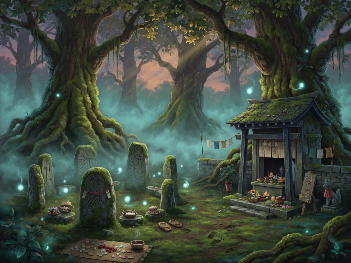 A spirit-wood shrine and stone circle in mist