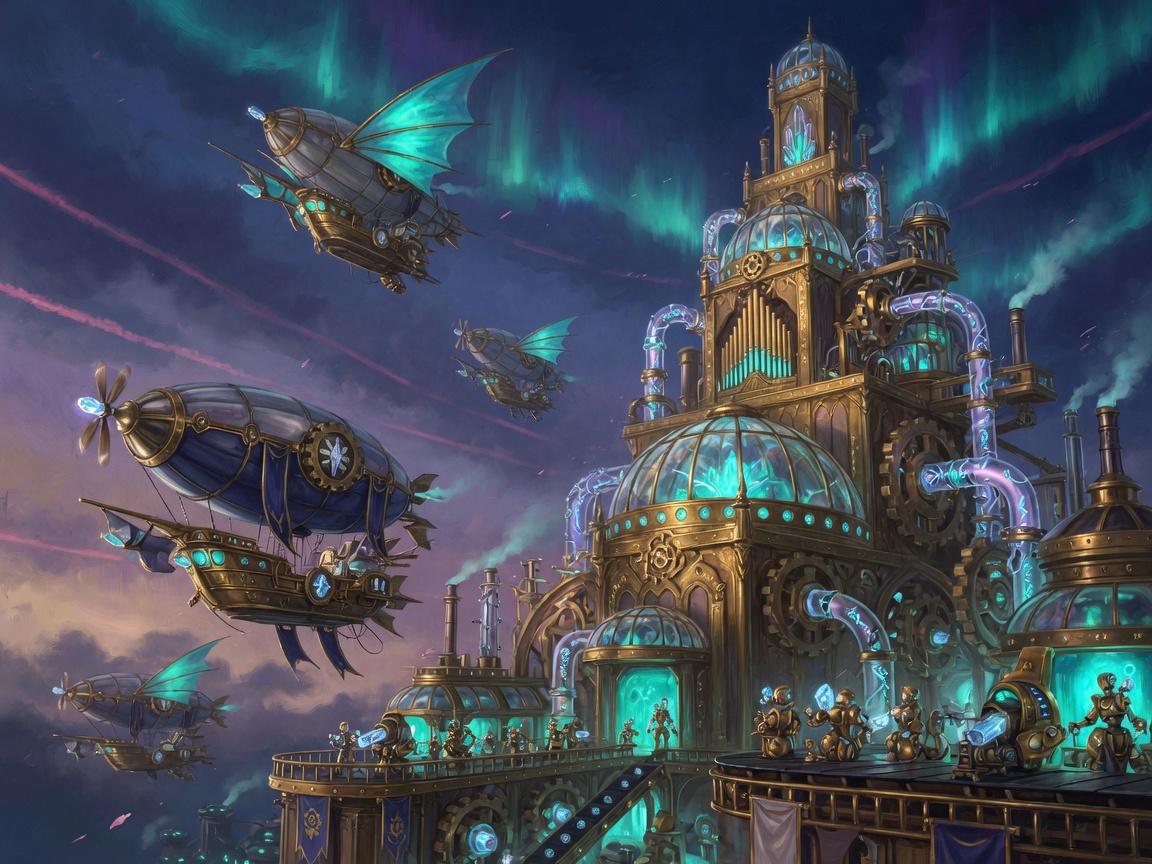 A brass magitek citadel with airships