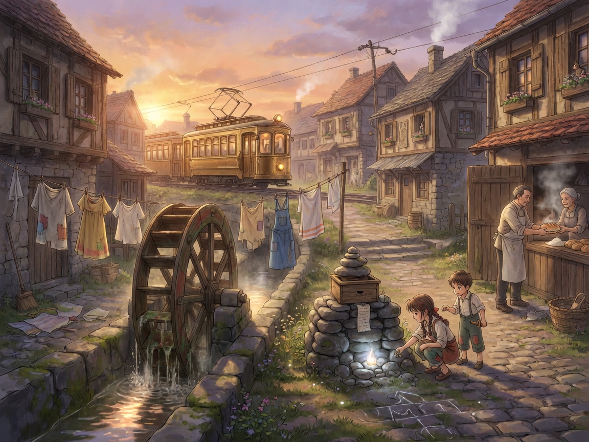 A mill-town at dusk with a waterwheel and a small shrine
