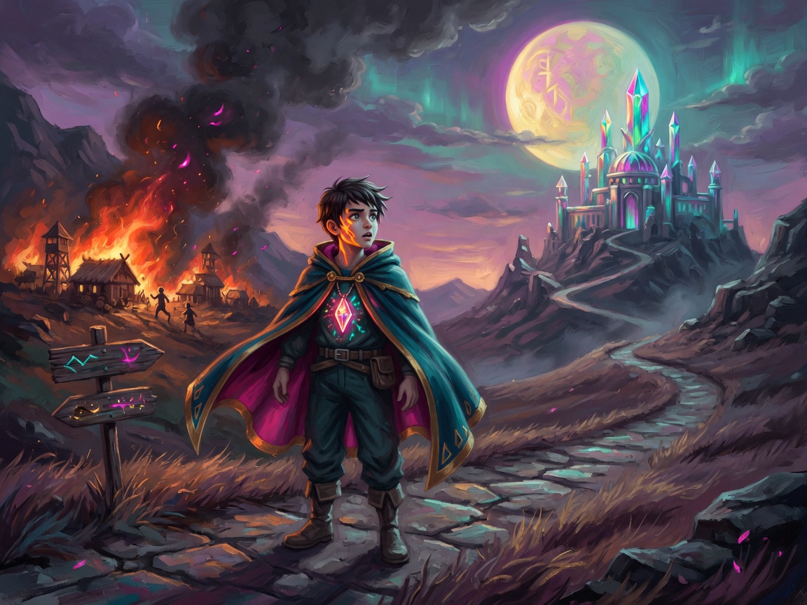 A hero at a fork between a burning hometown and a crystal citadel