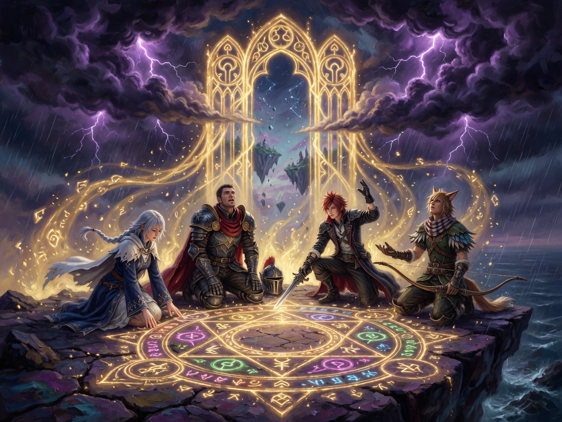 A party kneeling around a ritual circle opening a gate
