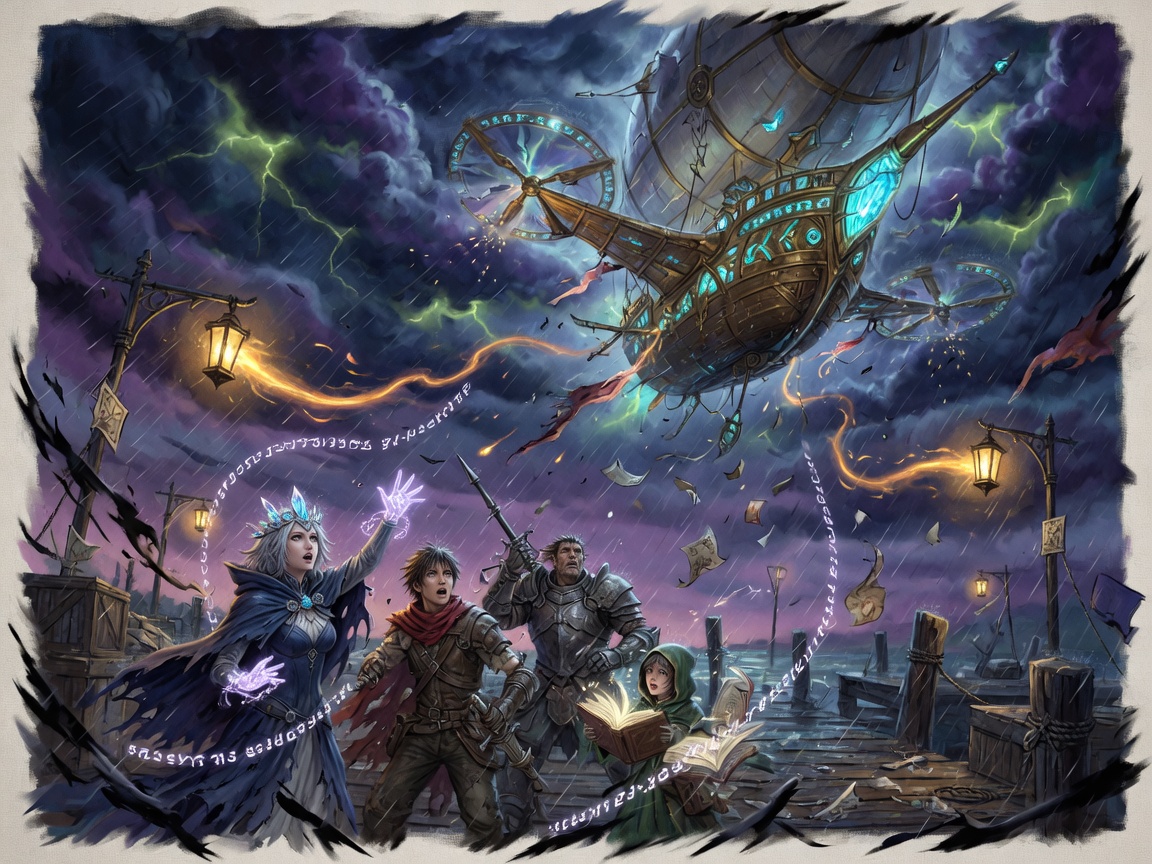 An airship dropping into a storm over a dock