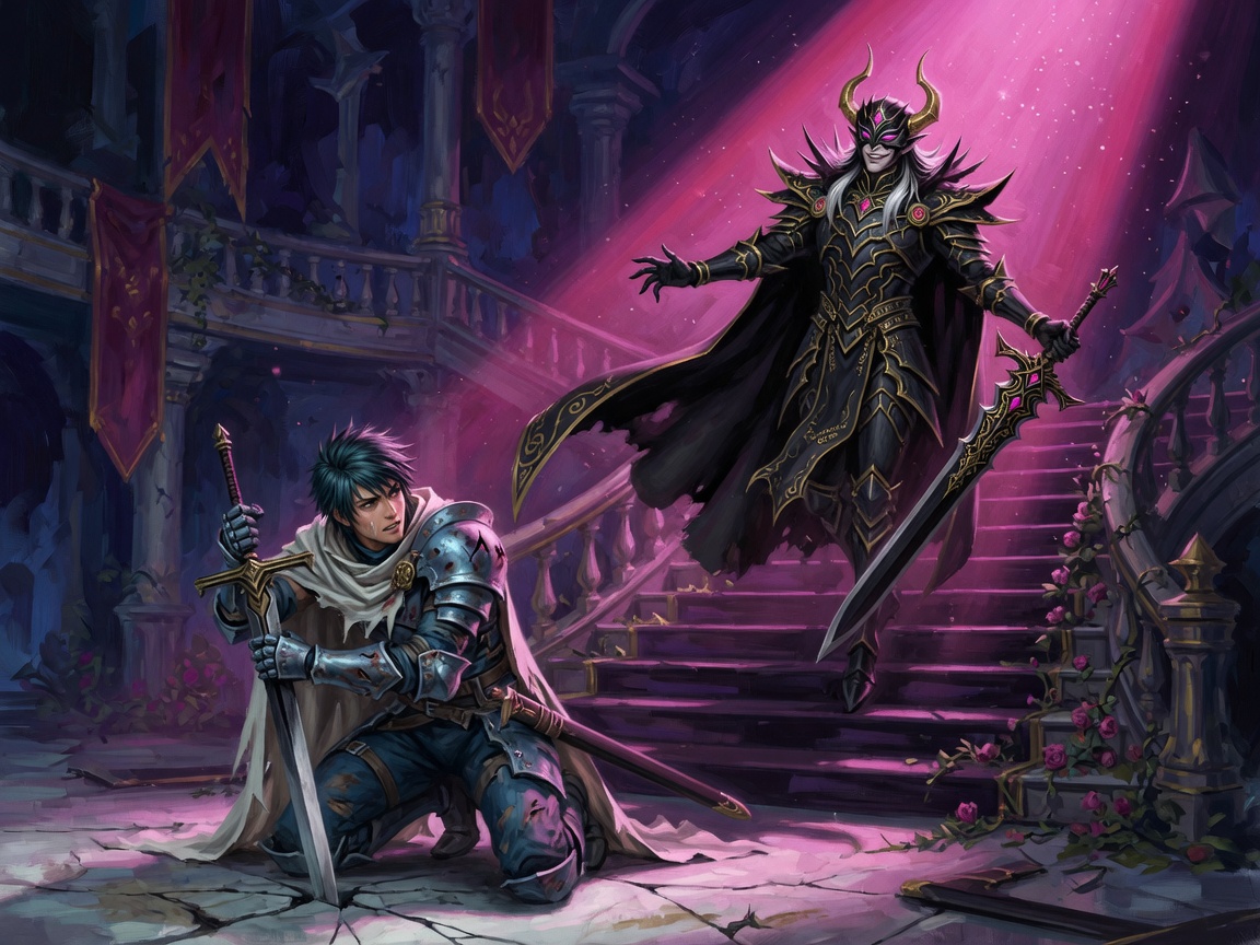 A kneeling hero as a villain makes an entrance