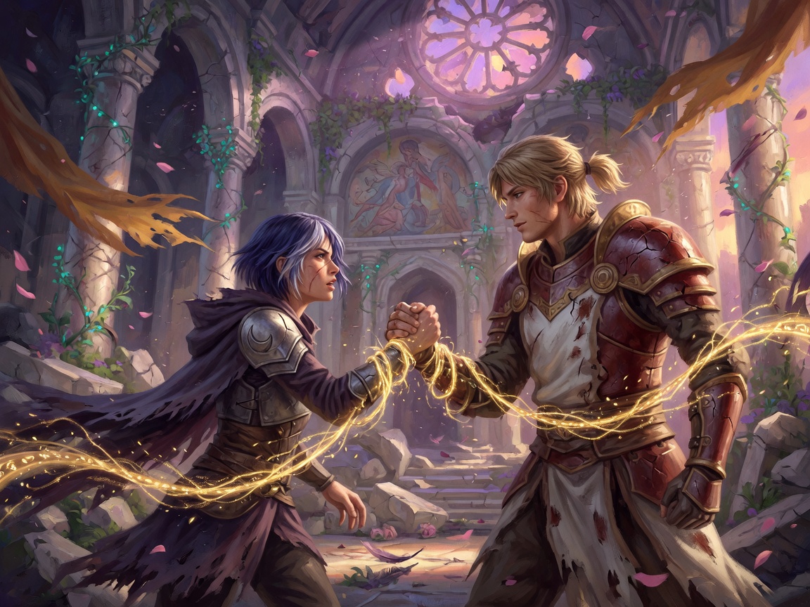 Two heroes clasping arms bound by gold light