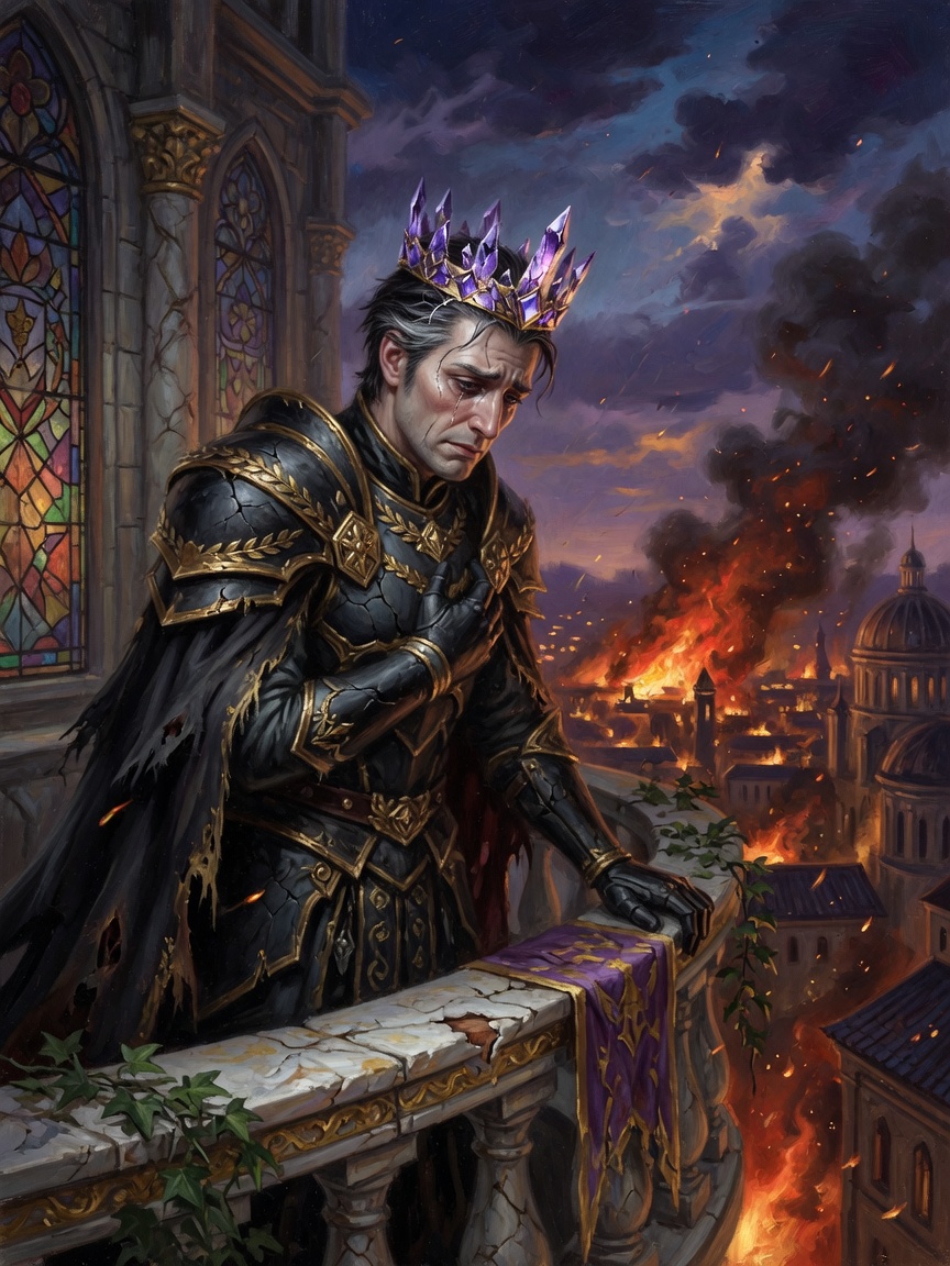 A tragic monarch above a burning city