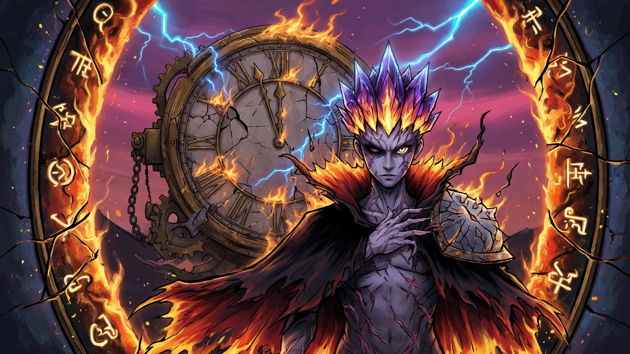 A scarred villain returning through a burning clock
