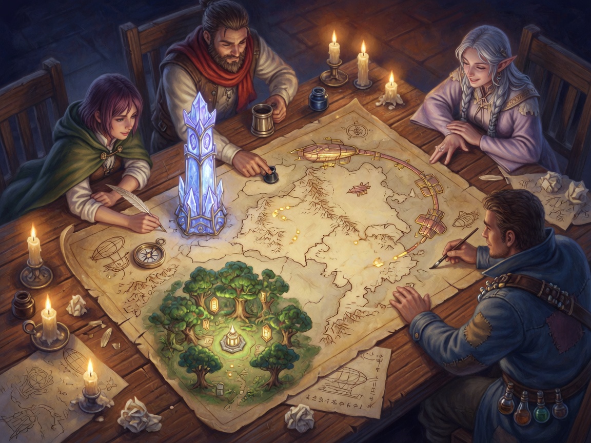 Four travelers sketching a world together on a map